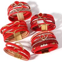 ALLYES Elegant Heart Star Red Leather Bracelet for Women Boho Retro Multilayer Wrap Wide Bracelets & Bangles Mother's Day Gifts