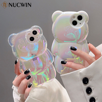 Ins süße 3D Aurora Cartoon Bär Hülle für iPhone 11 13 12 14 15 16 17 Pro Max Plus Air bunte Laser Regenbogen Farbverlauf Soft Cover