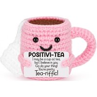 Creative Crochet Positive Tea Cup Dolls with Card Emotional Support Handmade Knitted Figurines Desktop Ornament Home Decor Gifts
