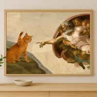 "Whimsical 'Creation of Adam' with Orange Cat Wall Print Decor - Classic Art Parody Poster for Eclectic Living Room, Quirky