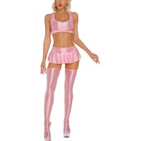 Womens Solid Color Smooth Clothing Sets Sexy Spicy Girl Nightclub Dance Show Costumes Glossy Mini Skirts + Crop Tops + Stockings