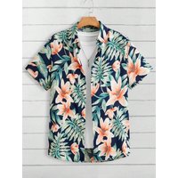 Coconut Tree Fresh Flower Pattern Men's Short-sleeved Button Lapel Shirt Summer Seaside Beach Vacation Hawaiian Style Shirt