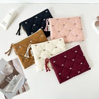 Quilted embroidered bow cosmetic bag, portable coin purse, stationery bag, large capacity, multifunctional pen bag