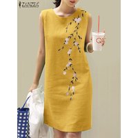 2023 ZANZEA Summer Sleeveless Floral Embroidery Dress Women Bohemian Beach Sundress Vintage Solid Cotton Party Vestido Sarafans