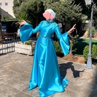 Oisslec Prom Dress Elegant Vintage Sweet Blue Crystal Satin A-Line Customized Formal Occasion Prom Dress Evening Party Gowns