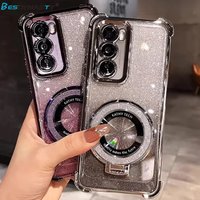 Glitter Bracket Mirror Holder Case for Samsung Galaxy S26FE S25FE S24FE S23FE S21FE Magnetic Stand Clear Gradient Soft Cover