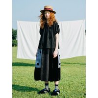imakokoni Original Summer Black Half length Skirt for Women, Artistic Color blocked 3D Flower A-line Skirt 265554