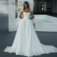 Lceland Poppy Customized A Line Satin Wedding Dresses Floor Length Sleeveless Pearls Beaded Bridal Gowns with Court Train