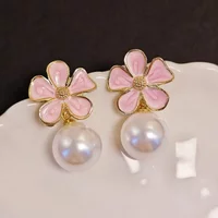 Pink Enamel Oil Flower Drop Earrings Elegant Imitation Pearl Dangle Earrings for Women Wedding Party Cute Korean Jewelry Gifts