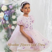 Meadow Light Pink 3D Floral Flower Girl Dress Round Neck Short Sleeve Kids Birthday Party Dress Cute Sweet Tutu Fluffy Prom Gown