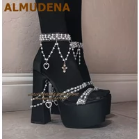 ALMUDENA Black Satin Fabric Strange Block heel Sandals Pink Velvet Pearl Chain Platform Chunky Heels Wedding Pumps Jewelry