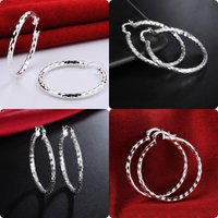 1pair 925 Sterling Silver Earrings Elegant Women Jewelry Sweet romantic Lattice pattern 4CM Big circle holiday gifts