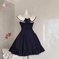 New Vintage Harajuku Lolita Women Sleeveless Sailor Collar Double Breasted Midi Dress Bow Ruffle Hem Korean Party Ins Fashion