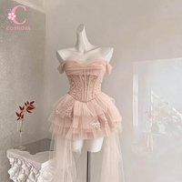 Coquette French Romantic Lace Corset Cap Sleeve High Low Tulle Maxi Dress Women Slim Fit Bodycon Elegant Party Clubwear Outfit