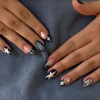 24PCS Navy Blue Star Press on Nails Almond Shape with Polka Dot Fake Nails Sweet Cool French Tips Design False Nails with Charm