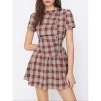 Women's Vintage Plaid A-Line Mini Dress Short Sleeve Stand Collar Button down Pleated Casual Elegant Fashion