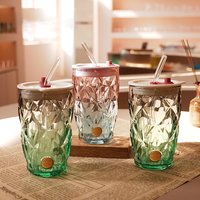 Luxury Embossed Diamond Glass Straw Cup with Lid Portable Home Office Tea Water Cup 2026 New Summer Drinks Iced Coffee Cups