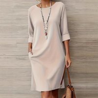 2026 Round Neck Mid-sleeve Summer Versatile Solid Color Elegant Dress Women With Side Pockets Beach Resort Formal Occasion Dress