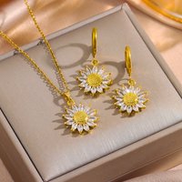 Sweet Sexy Zircon Crystal Sunflower Necklace Earrings For Women Luxury 18K Gold Plated Female Stainless Steel Jewelry Set Female