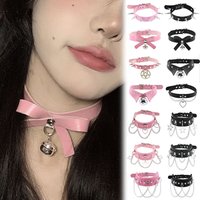 1Pc Sexy Women Cosplay Rock Pink Bowknot Necklaces Jewelry Goth Star Sweet Heart Rivets Harajuku Punk Egirl Leather Choker Bulk