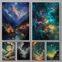 Jigsaw Puzzle 1000PCS Magical Starry Night Sky Over Velaris Village With Glowing Moon For Adults Stress Relief Relaxing Activity
