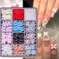 12Grid/Box Mixed Resin Bowknot Nail Charms 3D Colorful Bow Kawaii Rhinestone Nail Art Decorations DIY Manicure Parts Pen Tweezer