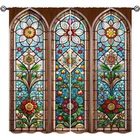 Antique Stained Glass Curtains,Ornate Tulip Floral Leaves Tile Abstract Blackout Rod Pocket Window Treatments Hotel Apartment