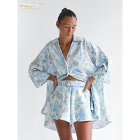 Clacive Fashion Loose Print Shorts Sets For Women 2 Pieces 2024 Elegant Long Sleeve Shirt With High Waist Shorts Set Female