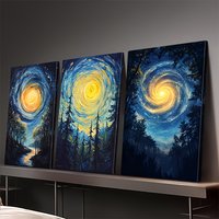 2D Flat, 3pcs Set, 2D Flat Canvas with Frame Painting Van Gogh Style Starry Sky And Trees, Artist Hand-Painted, Suitable for Liv