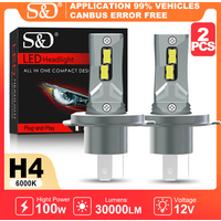 S&D 2PCS H4 CANBUS Led Lights High Power 100W 30000LM Car Headlight High Low Beam Auto Headlamp CSP 6000K White Bulbs Plug&Play