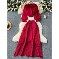 Temperament Two-piece Women's Three-dimensional Flower French Long Sleeved Shirt+high Waist Mid Length Lace Skirt A223