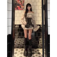 Sexy Spicy Girl Set Women Early Spring Super Beautiful One Shoulder Furry Splice Long Sleeve Top Leather Short Pants Two Piec...