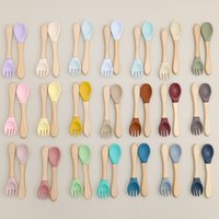 2PCS Silicone Spoon Fork For Baby Utensils Set Baby Feeding Spoon Cutlery Food Grade Material Wooden Handle Spoon Baby Items