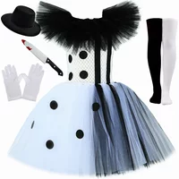 HJTT Killer Clown Kostüm für Mädchen, Halloween-Verkleidung, schwarz-weißes gruseliges Clown-Tutu-Kleid, Outfit, Kinder-Kostüm für Karnevalsparty