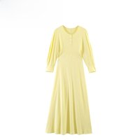 Fashionable Midi Dress Women's New Style VA High Waist Polyester Fiber Long Sleeve Loose Fit round Neck Single Button Decoration