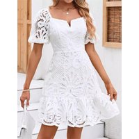 Elegant White Lace Dress For Women Fashion V Neck Short Sleeve High Waist Mini Dresses Lady Casual Party Skirts Womens Clothing