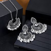 Vintage Ethnic Tibetan Geometric Silver Color Earring Necklace Vintage Jewelry Brincos Carving Hollow Gypsy Pearl Tassel Earring