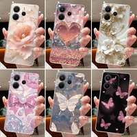 Case For Xiaomi Redmi Note 14 4G 5G Fundas Flower Butterfly Protective Thin Casing Transparent Soft Silicone TPU Phone Cover