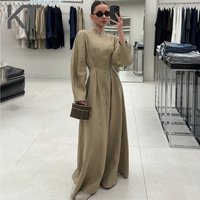 KT Elegant Linen Maxi Dress for Women Stand Collar Zip Front Puff Sleeve Fitted Waist Casual & Modest Wear Dresses Robe
