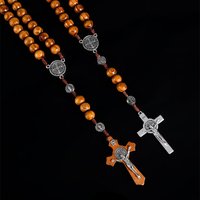Christian 10MM Wood Beads Rosary Cross Necklace For Women Virgin Mary INRI Pendant Long Chain Men Religion Jewelry