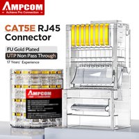 AMPCOM RJ45 Connector Pass Through CAT5E Modular Plug Network End UTP Fu Gold Plated 8P8C Crimp End For 24-28 AWG Ethernet Cable