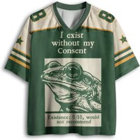 Vintage Retro Frog Existential Humor Slogan Print Green Cream Color Block Mesh V Neck Loose Football Jersey T-shirt