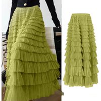 Summer Spring Women’s Multilayer Ruffles Tulle Skirt Pleated High Waist Fluffy Maxi Skirt Fairy Cake Dress Long Tutu Party Skirt