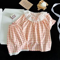 Cute Girls Checkered Pajama Set Lace Bow Frill Short Sleeve Two-Piece Shorts Outfit Smooth Breathable Summer Children Nightwear
