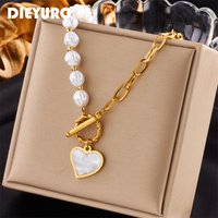 DIEYURO 316L Edelstahl Perle Herz Anhänger Halskette Für Frauen Mode Rostfrei T Schnalle Kette Mädchen Schmuck Hochzeit Geschenk