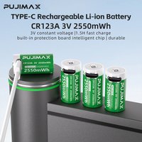 Baterie PUJIMAX CR123A z kablem USB-C do szybkiego ładowania - ogniwa litowo-jonowe o wysokiej pojemności 2550 mWh do latarków i aparatów