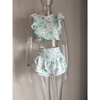 High Quality 2023 Sunday Set Elastic Waistband Cropped Top with Ruffle Detail and Cute Ruffle Mini Shorts Skirts Green
