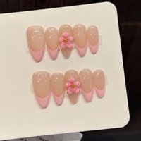 10 PCS Luxury Handmade Press on Nails Middle Almond A Twig of Flower Design with 3-PIECE Tool Adhesive Nail Glue Tabs