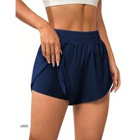 Women Elastic Sports Shorts, Shorts With Pockets Fake Two-Piece Yoga Leggings Running And Training