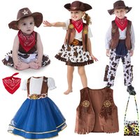 Wild West Cowboy Cowgirl Costume for Kids Boys Girls Halloween Party Fancy Outfit with Vest Cap Scarf Children Cosplay Clothes